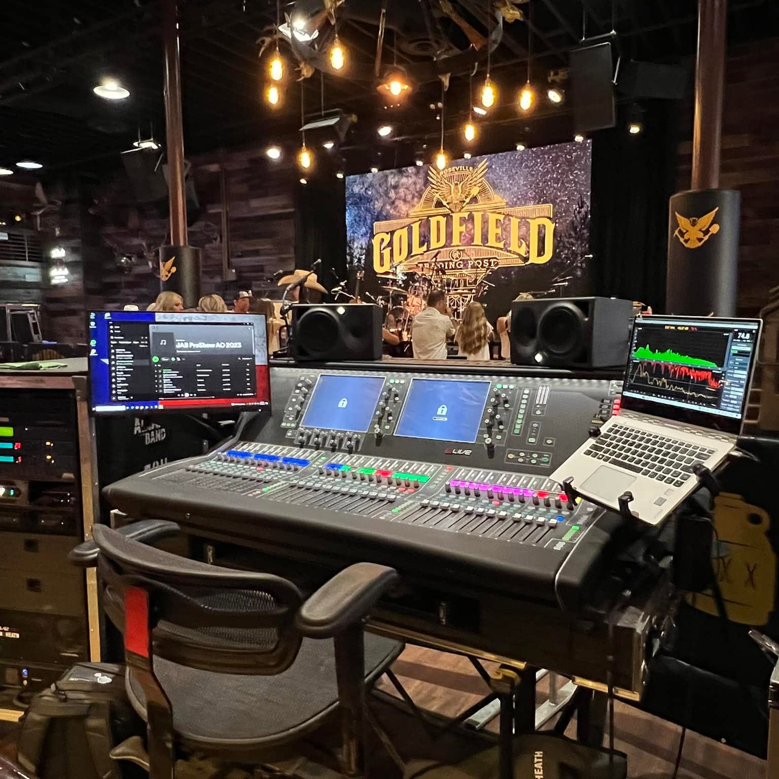 Sound mixing console facing the stage at Goldfield Trading Post in Roseville.