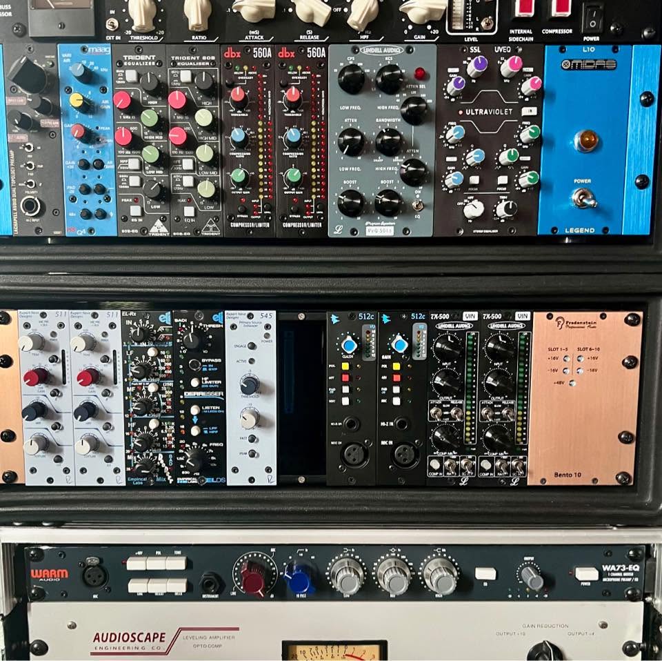Sacramento Sound Solutions analog recording rack with microphone preamps, equalizers, and compressors.
